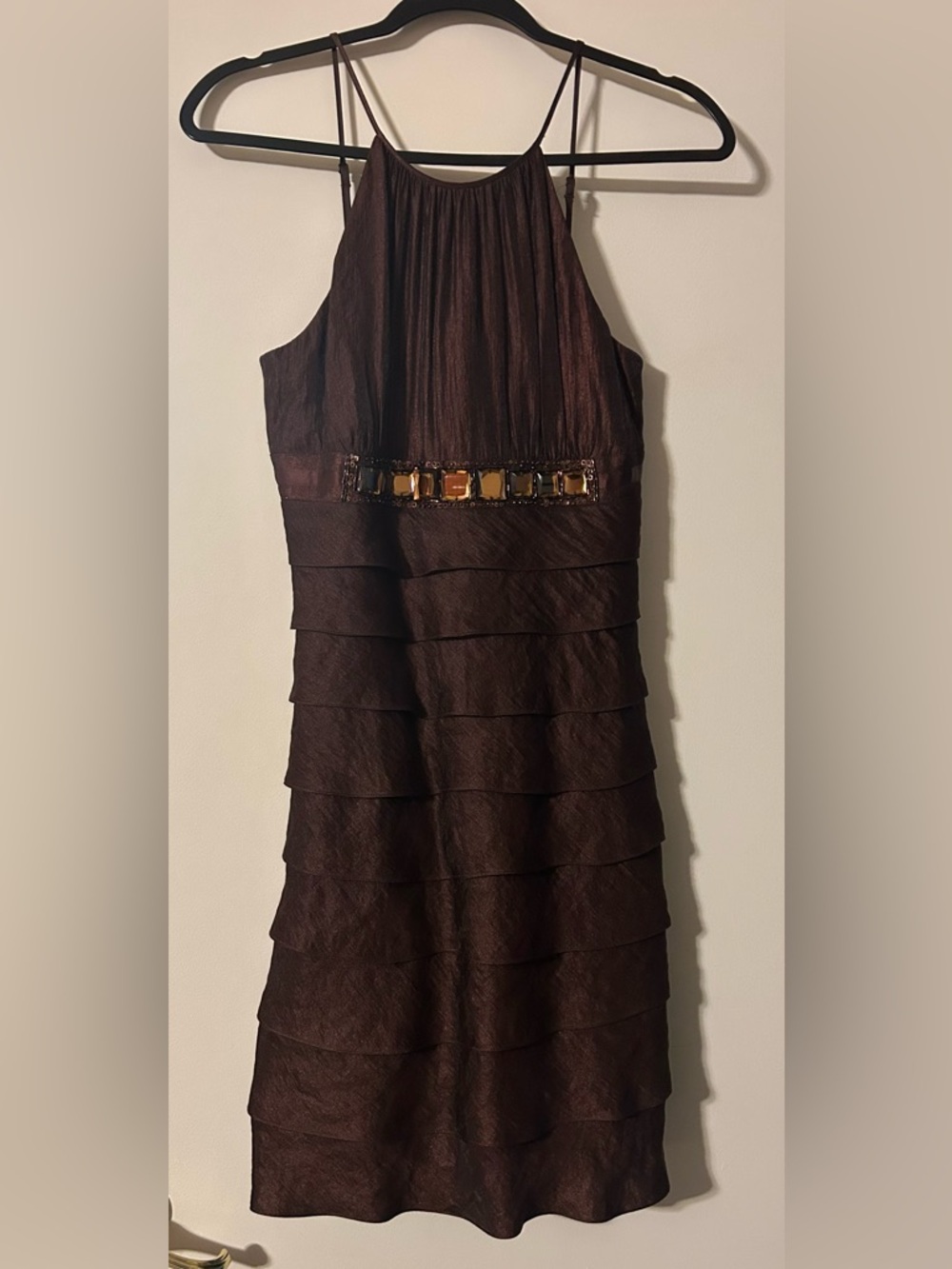 Caché Brown Iridescent Tiered Halter Dress Jewel Embellishment Size 8